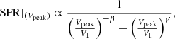 $$ \begin{aligned} \mathrm{SFR}|_{({V_{\mathrm{peak}}})} \propto \frac{1}{\left(\frac{V_{\mathrm{peak}}}{V_{1}}\right)^{-\beta } + \left(\frac{V_{\mathrm{peak}}}{V_{1}}\right)^{\gamma }}, \end{aligned} $$
