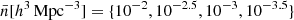 $ \bar{n}[h^{3}\,{\mathrm{Mpc}}^{-3}] = \{10^{-2}, 10^{-2.5}, 10^{-3}, 10^{-3.5}\} $