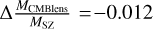 $\Delta {{{M_{{\rm{CMBlens }}}}} \over {{M_{{\rm{SZ}}}}}} = - 0.012$