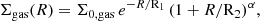 $$ \begin{aligned} \Sigma _{\rm gas}(R) = \Sigma _{0,\mathrm {gas}}\, e^{-R/\mathrm{R_{1}}}\, (1+R/\mathrm{R_{2}})^{\alpha }, \end{aligned} $$