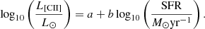 $$ \begin{aligned} \log _{10}\left(\frac{L_{[\mathrm{CII}]}}{L_\odot }\right)=a+b\log _{10}\left(\frac{\mathrm{SFR}}{M_\odot \mathrm{yr}^{-1}}\right). \end{aligned} $$
