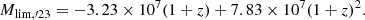 $$ \begin{aligned} M_{{\mathrm{lim}, {\prime }23}}= -3.23\times 10^7 (1+z)+7.83\times 10^7 (1+z)^2. \end{aligned} $$