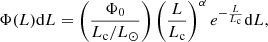 $$ \begin{aligned} \Phi (L)\mathrm{d}L&=\left(\frac{\Phi _0}{L_{\rm c}/L_\odot }\right) \left(\frac{L}{L_{\rm c}}\right)^\alpha e^{-\frac{L}{L_{\rm c}}}\mathrm{d}L, \end{aligned} $$