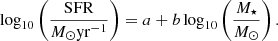 $$ \begin{aligned} \log _{10}\left(\frac{\mathrm{SFR}}{M_\odot \mathrm{yr}^{-1}}\right)=a+b\log _{10}\left(\frac{M_\star }{M_\odot }\right). \end{aligned} $$