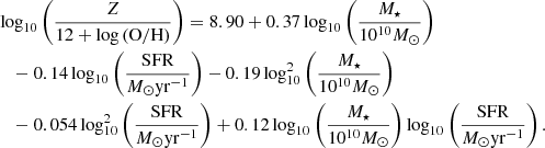 $$ \begin{aligned}&\log _{10}\left(\frac{Z}{12+\log \mathrm{(O/H)}}\right) =8.90 +0.37\log _{10}\left(\frac{M_\star }{10^{10} M_\odot }\right)\nonumber \\&\quad -0.14\log _{10}\left(\frac{\mathrm{SFR}}{M_\odot \mathrm{yr}^{-1}}\right) -0.19\log ^2_{10}\left(\frac{M_\star }{10^{10} M_\odot }\right)\\&\quad -0.054\log ^2_{10}\left(\frac{\mathrm{SFR}}{M_\odot \mathrm{yr}^{-1}}\right) +0.12\log _{10}\left(\frac{M_\star }{10^{10} M_\odot }\right)\log _{10}\left(\frac{\mathrm{SFR}}{M_\odot \mathrm{yr}^{-1}}\right). \nonumber \end{aligned} $$