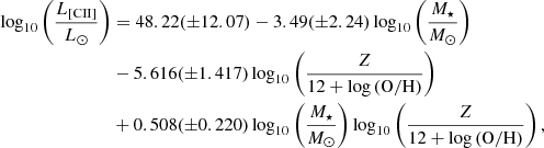 $$ \begin{aligned} \log _{10}\left(\frac{L_{[\mathrm{CII}]}}{L_\odot }\right)&=48.22(\pm 12.07)-3.49(\pm 2.24)\log _{10}\left(\frac{M_\star }{M_\odot }\right)\\&-5.616(\pm 1.417)\log _{10}\left(\frac{Z}{12+\log \mathrm{(O/H)}}\right)\nonumber \\&+0.508(\pm 0.220)\log _{10}\left(\frac{M_\star }{M_\odot }\right)\log _{10}\left(\frac{Z}{12+\log \mathrm{(O/H)}}\right),\nonumber \end{aligned} $$