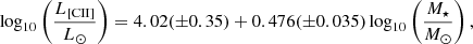 $$ \begin{aligned} \log _{10}\left(\frac{L_{[\mathrm{CII}]}}{L_\odot }\right)&=4.02(\pm 0.35)+0.476(\pm 0.035)\log _{10}\left(\frac{M_\star }{M_\odot }\right), \end{aligned} $$