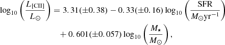 $$ \begin{aligned} \log _{10}\left(\frac{L_{[\mathrm{CII}]}}{L_\odot }\right)&=3.31(\pm 0.38)-0.33(\pm 0.16)\log _{10}\left(\frac{\mathrm{SFR}}{M_\odot \mathrm{yr}^{-1}}\right)\nonumber \\&\quad +0.601(\pm 0.057)\log _{10}\left(\frac{M_\star }{M_\odot }\right), \end{aligned} $$