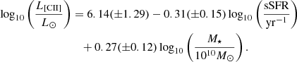 $$ \begin{aligned} \log _{10}\left(\frac{L_{[\mathrm{CII}]}}{L_\odot }\right)&=6.14(\pm 1.29)-0.31(\pm 0.15)\log _{10}\left(\frac{\mathrm{sSFR}}{ \mathrm{yr}^{-1}}\right)\nonumber \\&\quad +0.27(\pm 0.12)\log _{10}\left(\frac{M_\star }{10^{10} M_\odot }\right). \end{aligned} $$