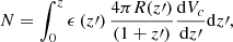 $$ \begin{aligned} \ N=\int _0^{z}\epsilon \left(z{\prime }\right)\frac{4\pi R(z{\prime })}{(1+z{\prime })}\frac{\mathrm{d}V_c}{\mathrm{d}z{\prime }}\mathrm{d}z{\prime }, \end{aligned} $$