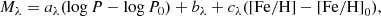$$ \begin{aligned} M_{\lambda }&= a_{\lambda } (\log P - \log P_0) + b_{\lambda } + c_{\lambda }(\mathrm{[Fe/H]} - \mathrm{[Fe/H]}_0), \end{aligned} $$
