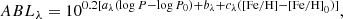 $$ \begin{aligned} ABL_{\lambda }&= 10^{0.2[a_{\lambda }(\log P - \log P_0) + b_{\lambda } + c_{\lambda }(\mathrm{[Fe/H]} - \mathrm{[Fe/H]}_0)]}, \end{aligned} $$