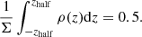 $$ \begin{aligned} \frac{1}{\Sigma }\int _{-z_{\rm half}}^{z_{\rm half}}\rho (z)\mathrm{d} z=0.5. \end{aligned} $$
