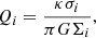 $$ \begin{aligned} Q_i=\frac{\kappa {\sigma _i}}{\pi G {\Sigma _i}}, \end{aligned} $$