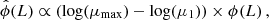 $$ \begin{aligned} \hat{\phi }(L) \propto \left(\mathrm{log(\mu _{\rm max})-\mathrm{log}(\mu _1)} \right)\times \phi (L)\, , \end{aligned} $$