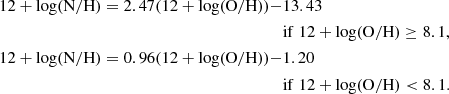 $$ \begin{aligned} 12 + \log (\mathrm{N/H}) = 2.47 (12 + \log (\mathrm{O/H}))-&13.43 \\&\mathrm{if}\; 12 + \log (\mathrm{O/H})\ge 8.1,\nonumber \\ 12 + \log (\mathrm{N/H}) = 0.96 (12 + \log (\mathrm{O/H}))-&1.20\nonumber \\&\mathrm{if}\; 12 + \log (\mathrm{O/H})<8.1.\nonumber \end{aligned} $$