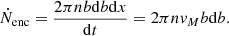 $$ \begin{aligned} \dot{N}_{\rm enc}=\frac{2\pi nb \mathrm{d}b \mathrm{d}x}{\mathrm{d}t}=2\pi n { v}_M b \mathrm{d}b. \end{aligned} $$