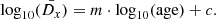 $$ \begin{aligned} \log _{10}(\bar{D_{x}}) = m \cdot \log _{10}(\mathrm{age}) + c. \end{aligned} $$