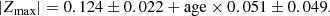 $$ \begin{aligned} |Z_{\rm max}| = 0.124\pm 0.022 + \mathrm{age} \times 0.051\pm 0.049. \end{aligned} $$