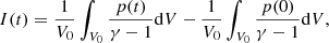 $$ \begin{aligned} I(t)&=\frac{1}{V_0}\int _{V_0}\frac{p(t)}{\gamma -1}\mathrm{d}V-\frac{1}{V_0}\int _{V_0}\frac{p(0)}{\gamma -1}\mathrm{d}V, \end{aligned} $$