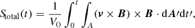 $$ \begin{aligned} {S\!}_{\rm total}(t)=\frac{1}{V_0}\int _0^t\int _{A}(\boldsymbol{v}\times \boldsymbol{B}) \times \boldsymbol{B}\cdot \mathrm{d}\boldsymbol{A}\prime \mathrm{d}t\prime , \end{aligned} $$