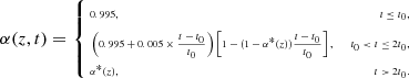 $$ \begin{aligned} {\tiny \alpha (z,t)=\left\{ \begin{aligned}&0.995,&t\le t_{0},\\&\left(0.995+0.005\times \frac{t-t_0}{t_0}\right)\left[1-(1-\alpha ^*(z)) \frac{t-t_0}{t_0}\right],&t_{0}<t\le 2t_{0},\\&\alpha ^*(z),&t> 2t_{0}. \end{aligned} \right.} \end{aligned} $$