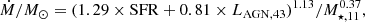 $$ \begin{aligned} \dot{M}/M_{\odot }=(1.29\times \mathrm{SFR}+0.81\times L_{\mathrm{AGN},43})^{1.13}/M_{\star ,11}^{0.37}, \end{aligned} $$