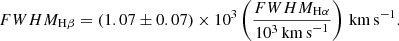Mathematical equation: $$ \begin{aligned} FWHM_{\rm H\beta }= (1.07\pm 0.07)\times 10^{3}\left(\frac{FWHM_{\rm H\alpha }}{10^3\mathrm {\, km\, s}^{-1}}\right)\mathrm {\, km\, s}^{-1}. \end{aligned} $$