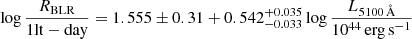Mathematical equation: $$ \begin{aligned} \log {\frac{R_{\rm BLR}}{\mathrm{1 lt-day}}} = 1.555\pm 0.31 + 0.542^{+0.035}_{-0.033}\log {\frac{L_{\rm 5100\,{\AA }}}{10^{44}\mathrm {\, erg\, s}^{-1}}} \end{aligned} $$
