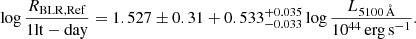 Mathematical equation: $$ \begin{aligned} \log {\frac{R_{\rm BLR,Ref}}{\mathrm{1 lt-day}}} = 1.527\pm 0.31 + 0.533^{+0.035}_{-0.033}\log {\frac{L_{\rm 5100\,{\AA }}}{10^{44}\mathrm {\, erg\, s}^{-1}}}. \end{aligned} $$