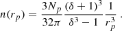 $$ \begin{aligned} n(r_p) = \frac{3N_p}{32\pi } \frac{\left(\delta + 1\right)^3}{\delta ^3 - 1} \frac{1}{r_p^3} \ . \end{aligned} $$
