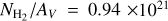 Mathematical equation: $\[N_{\mathrm{H}_{2}} / A_{V}=0.94 \times 10^{21}\]$