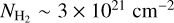 Mathematical equation: $\[N_{\mathrm{H}_{2}} \sim 3 \times 10^{21} \mathrm{~cm}^{-2}\]$