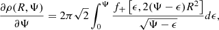 $$ \begin{aligned} \frac{\partial \rho (R,\Psi )}{\partial \Psi }=2\pi \sqrt{2}\int _0^{\Psi }\frac{f_+\left[\epsilon ,2(\Psi -\epsilon )R^2\right]}{\sqrt{\Psi -\epsilon }}d\epsilon , \end{aligned} $$