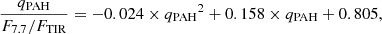 $$ \begin{aligned} \frac{{q_{\rm PAH}}}{F_{7.7}/F_{\rm TIR}} = -0.024 \times {q_{\rm PAH}}^2 + 0.158\times {q_{\rm PAH}} + 0.805, \end{aligned} $$