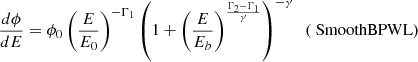 Mathematical equation: $$ \begin{aligned} \frac{d\phi }{dE}&= \phi _{0}\left(\frac{E}{E_{0}}\right)^{-\Gamma _{1}}\left(1+\left(\frac{E}{E_b}\right)^{\frac{\Gamma _{2}-\Gamma _{1}}{\gamma }}\right)^{-\gamma } \ \ (\text{ SmoothBPWL})\end{aligned} $$