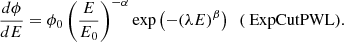 Mathematical equation: $$ \begin{aligned} \frac{d\phi }{dE}&= \phi _{0}\left(\frac{E}{E_{0}}\right)^{-\alpha } \exp \left(-(\lambda E)^{\beta }\right) \ \ (\text{ ExpCutPWL}). \end{aligned} $$