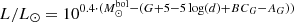 $ L/L_{\odot} = 10^{0.4\cdot(M_{\odot}^{\mathrm{bol}}-(G+5-5\log(d)+BC_G-A_G))} $