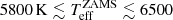 $ 5800\,\mathrm{K}\lesssim T_{\mathrm{eff}}^{\mathrm{ZAMS}} \lesssim6500 $