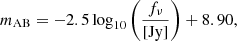 Mathematical equation: $$ \begin{aligned} m_{\mathrm{AB} }=-2.5\log _{10}\left(\frac{f_{\nu }}{\mathrm{[Jy]}}\right)+8.90, \end{aligned} $$