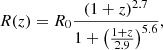 Mathematical equation: $$ \begin{aligned} R(z) = R_0\frac{(1+z)^{2.7}}{1+\left(\frac{1+z}{2.9}\right)^{5.6}}, \end{aligned} $$
