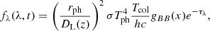 Mathematical equation: $$ \begin{aligned} f_{\lambda }(\lambda ,t) = \left(\frac{r_{\mathrm{ph} }}{D_{\rm L}(z)} \right)^2 \sigma T_{\mathrm{ph} }^4 \frac{T_{\mathrm{col} }}{hc}g_{BB}(x)e^{-\tau _{\lambda }}, \end{aligned} $$