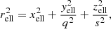 $$ \begin{aligned} r_\mathrm{ell} ^2 = x_\mathrm{ell} ^2 + \frac{{ y}_\mathrm{ell} ^2}{q^2} + \frac{z_\mathrm{ell} ^2}{s^2}, \end{aligned} $$
