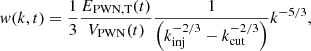 $$ \begin{aligned}&{ w}(k,t) = \frac{1}{3} \frac{E_{\rm PWN,T}(t)}{V_{\rm PWN}(t)} \frac{1}{\left(k_{\rm inj}^{-2/3} - k_{\rm cut}^{-2/3}\right)} k^{-5/3},\end{aligned} $$