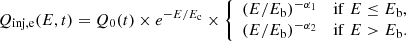 $$ \begin{aligned} Q_{\rm inj,e} (E,t) = Q_0(t) \times e^{-E/E_{\rm c}} \times {\left\{ \begin{array}{ll} (E/E_{\rm b})^{-\alpha _1}&\mathrm{if\;} E\le E_{\rm b}, \\ (E/E_{\rm b})^{-\alpha _2}&\mathrm{if\;} E > E_{\rm b}. \end{array}\right.} \end{aligned} $$
