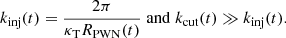 $$ \begin{aligned}&k_{\rm inj}(t) = \frac{2 \pi }{\kappa _{\rm T} R_{\rm PWN}(t)} \;\mathrm{and}\; k_{\rm cut}(t) \gg k_{\rm inj}(t). \end{aligned} $$