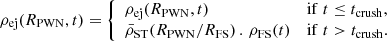 $$ \begin{aligned}&\rho _{\rm ej} (R_{\rm PWN},t) = {\left\{ \begin{array}{ll} \rho _{\rm ej} (R_{\rm PWN},t)&\mathrm{if\;} t \le t_{\rm crush}, \\ \bar{\rho }_{\rm ST} (R_{\rm PWN}/R_{\rm FS}) \, . \, \rho _{\rm FS}(t)&\mathrm{if\;} t > t_{\rm crush}. \end{array}\right.} \end{aligned} $$