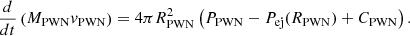 $$ \begin{aligned} \frac{d}{dt} \left(M_{\rm PWN} v_{\rm PWN}\right) = 4 \pi R_{\rm PWN}^2 \left(P_{\rm PWN} - P_{\rm ej} (R_{\rm PWN}) + C_{\rm PWN}\right). \end{aligned} $$