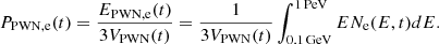 $$ \begin{aligned} P_{\rm PWN,e} (t) = \frac{E_{\rm PWN,e} (t)}{3 V_{\rm PWN} (t)} = \frac{1}{3 V_{\rm PWN} (t)} \int _{{\mathrm{0.1\,GeV}}}^{{\mathrm{1\,PeV}}} E N_{\rm e}(E,t) dE. \end{aligned} $$