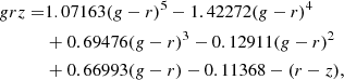 $$ \begin{aligned} grz =&1.07163(g-r)^5 - 1.42272(g-r)^4\nonumber \\&+0.69476(g-r)^3 - 0.12911(g-r)^2\nonumber \\&+0.66993(g-r) - 0.11368 - (r-z), \end{aligned} $$